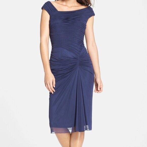 TADASHI SHOJI Blue Asymmetrical Ruched Dress M Navy Wedding Guest Dressy Medium - Picture 1 of 8